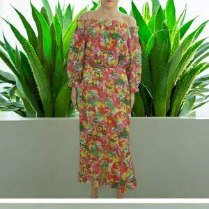 Saloni Off Shoulder Open Back Midi Dress Sz 6 Eyelet Embroidered Floral‎ Boho